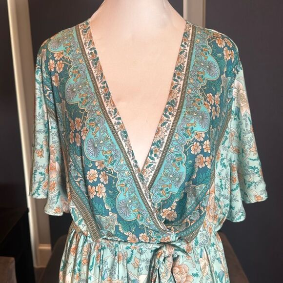 Women V-Neck Bohemian Blue Floral Print Short Summer Dress Cover Up Size 3XL NEW - Picture 5 of 14